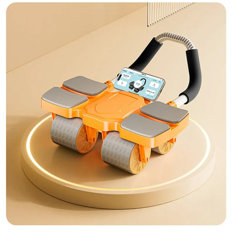 Black automatic rebound abdominal wheel with four wheels and smartphone showing fitness app