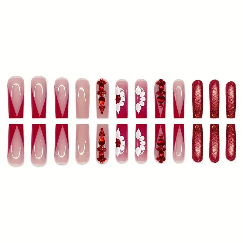 Sweet flower pattern removable fake nails with prismatic red diamond accents in European square long style