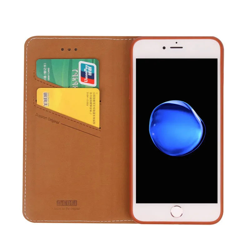 Black PU leather flip wallet phone case for iPhone shown open with card slots visible.