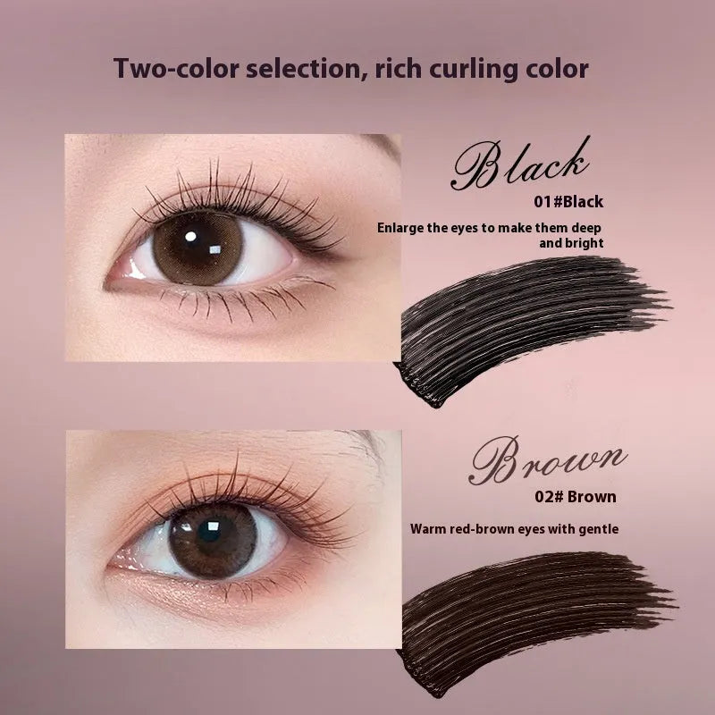 Black or brown long curling mascara tube and wand for lasting lash definition.