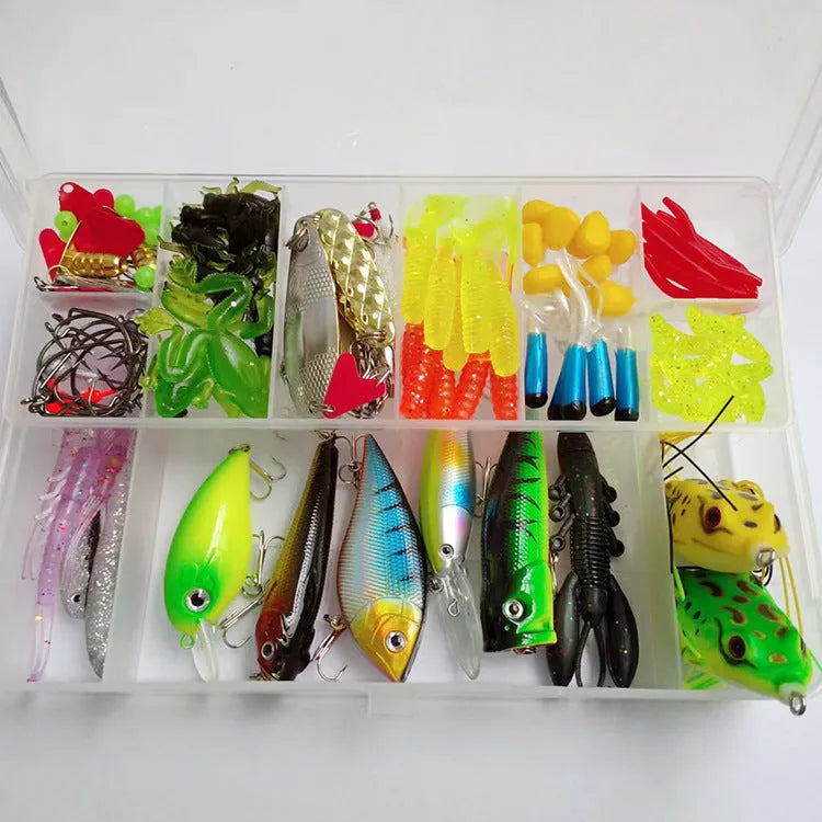 142-piece fishing lure set with metal and plastic baits including hard mino sequins and fishing pliers