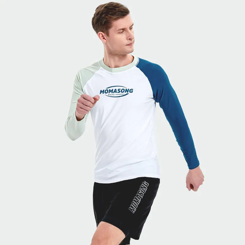 Men's white long-sleeved swimsuit top with matching trousers for outdoor water sports