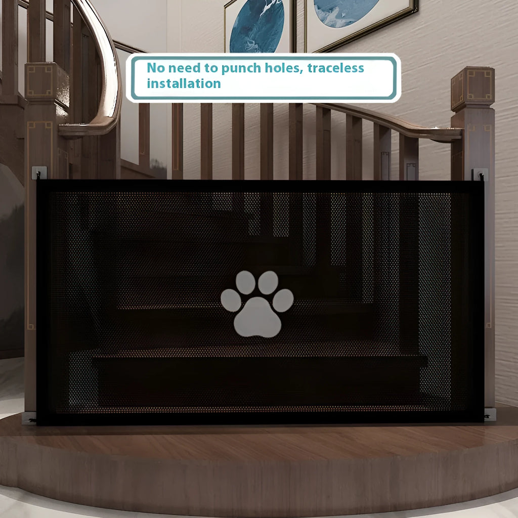 Portable folding dog barrier with cloth net and plastic frame shown with removable doorsill accessory featuring dog footprints