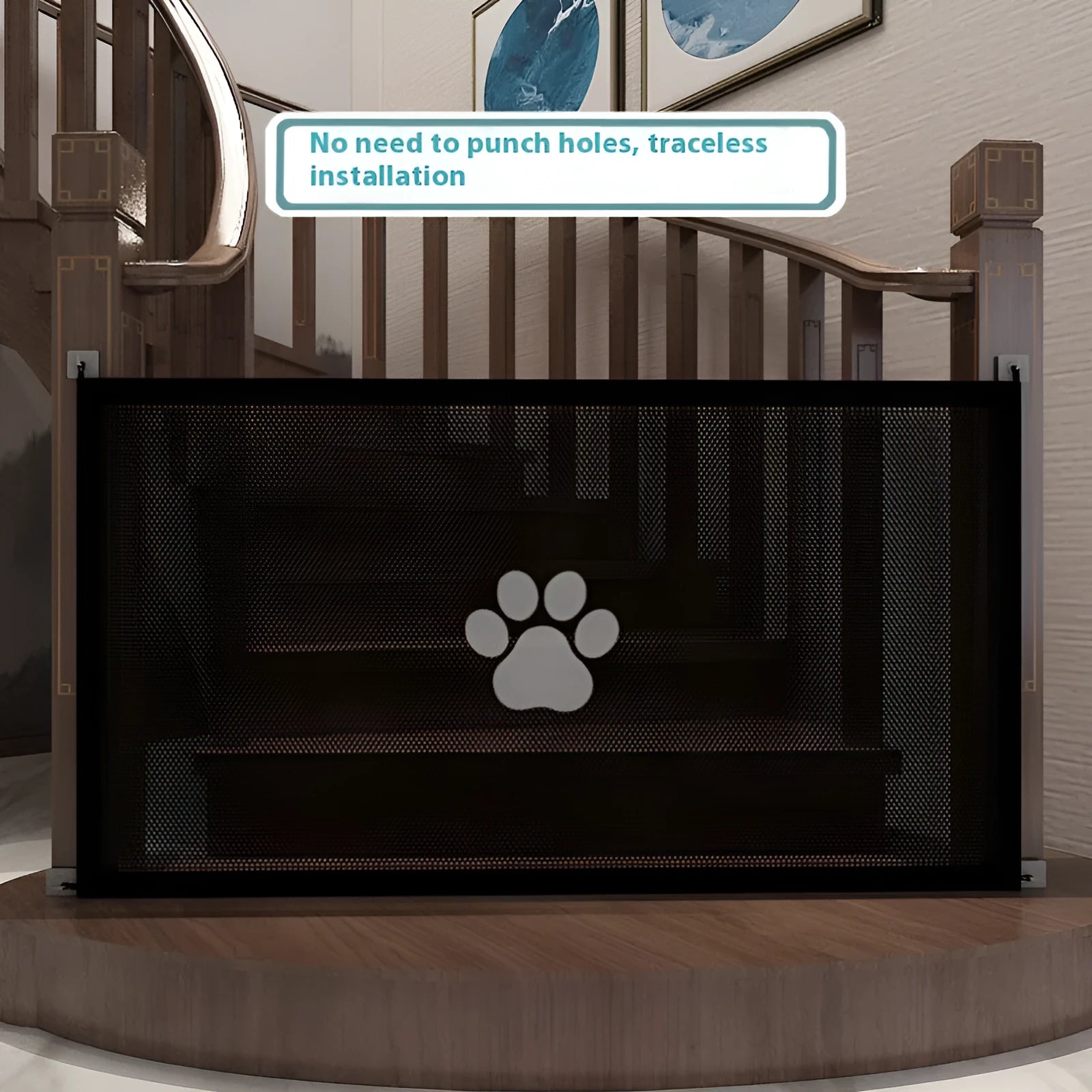Portable folding dog barrier with cloth net and plastic frame shown with removable doorsill accessory featuring dog footprints