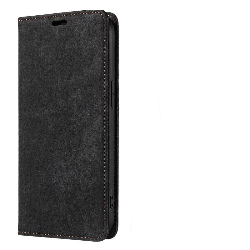 Magnetic leather flip phone case for iPhone in solid colours showing front and back views.