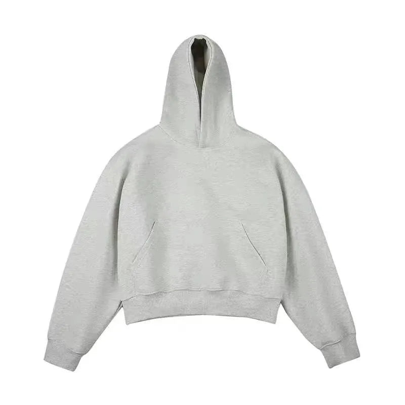 Short silver fox velvet hooded sweater in dark grey on a hanger, showing removable hood and long sleeves.