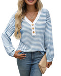 Women's long sleeve V-neck pullover top with button details and patchwork design in loose fit