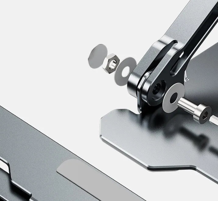 Grey aluminium laptop stand with adjustable angle and folding portable design