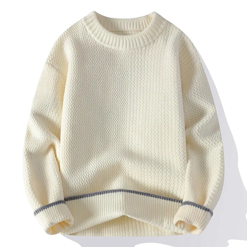 A man's grey loose-fit round-neck long-sleeve casual pullover sweater on a plain background.