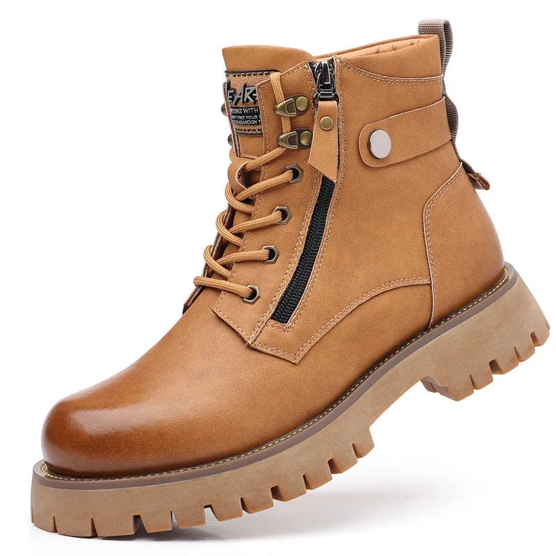 Men's brown high-top leather Martin boots with a velvet upper and a side zipper