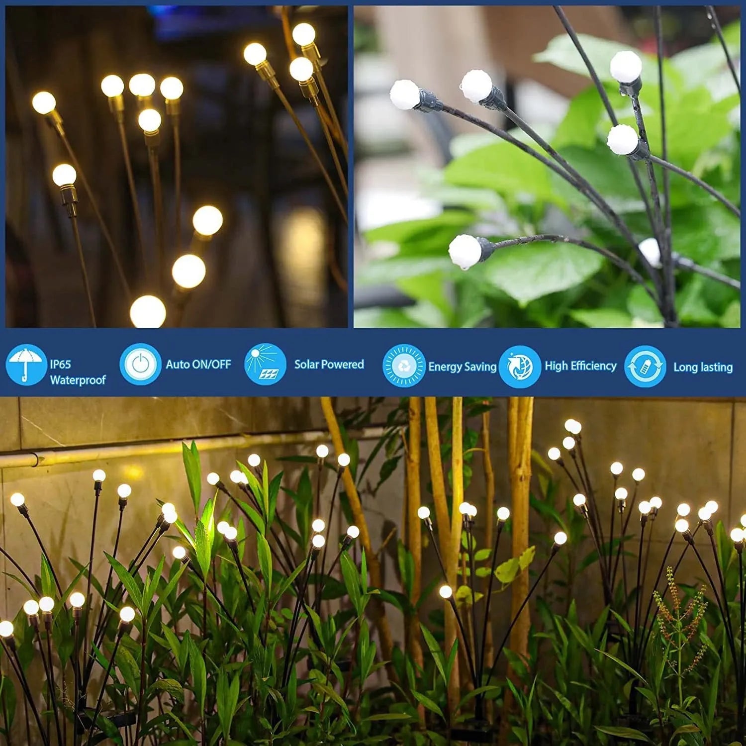 Solar-powered LED firefly ground lights with stainless steel stake for garden installation