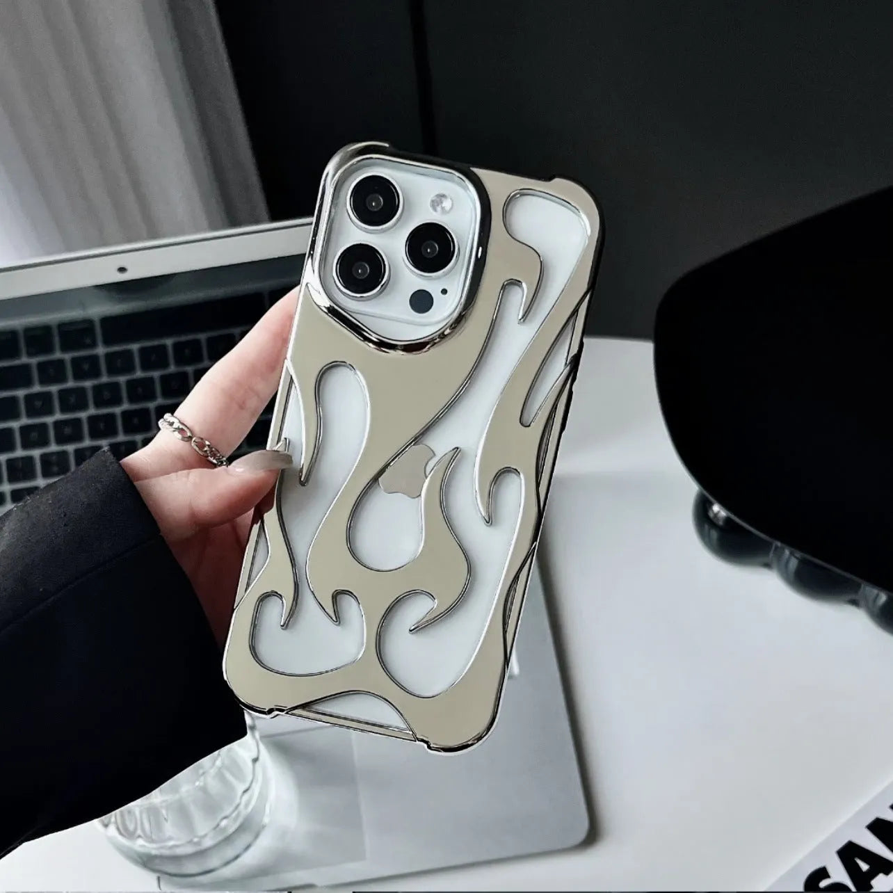 Electroplating hollow flame pattern design TPU phone case for Apple iPhone in metallic colours.