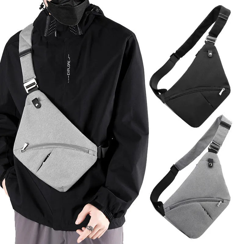 Men's Oxford cloth chest bag in black or grey with one shoulder strap design