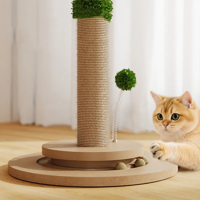 Vertical cat climbing frame with hemp rope scratch posts in canna chamfering colour