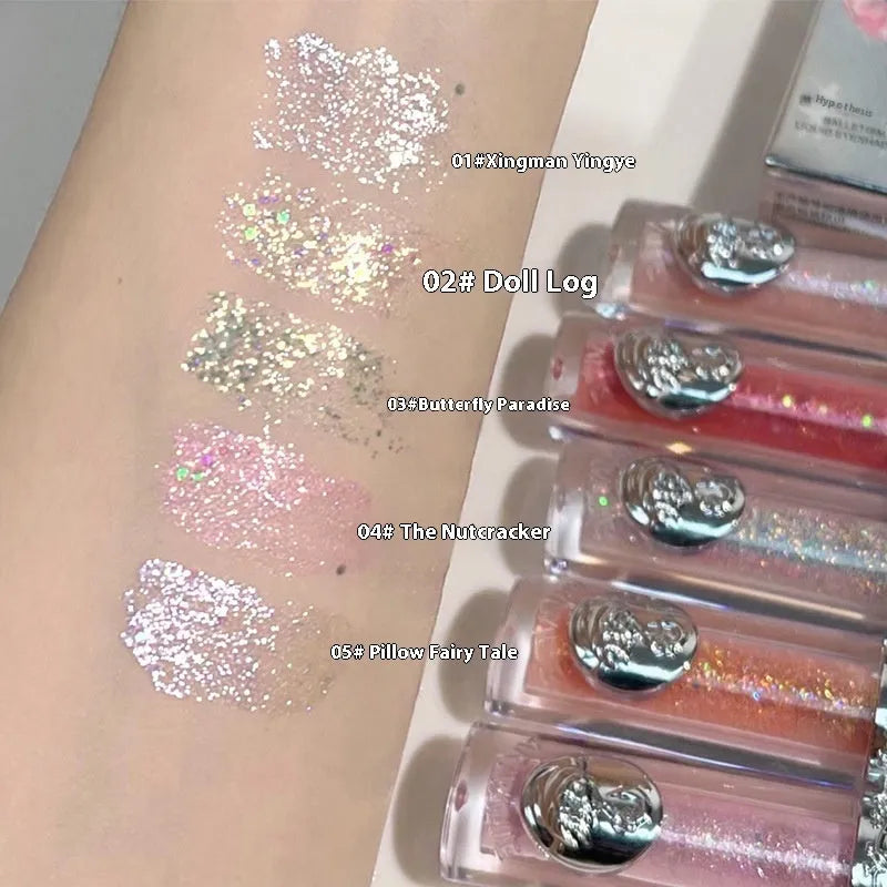 Five shades of liquid eye shadow for ballet and performance makeup in pink, peach, lilac, bronze, and rose gold