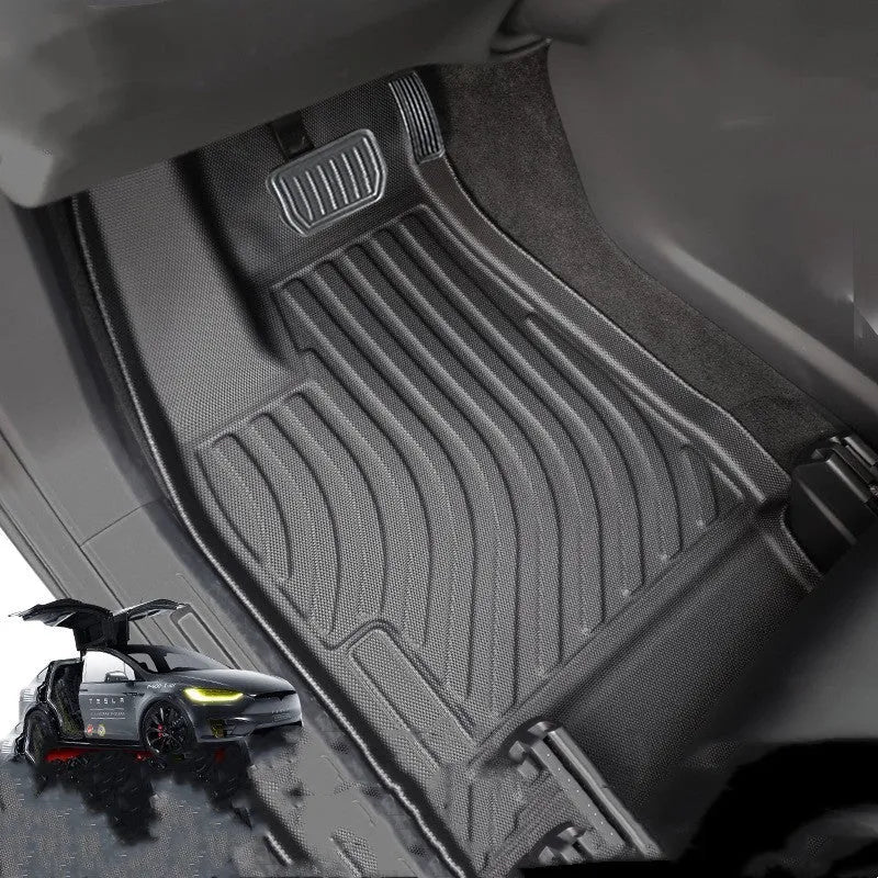 Tesla Model X black TPE waterproof car foot mats and matching tailbox boot liner set