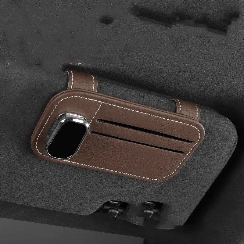 Cowhide leather car sun visor card holder with attached glasses clip in beige colour
