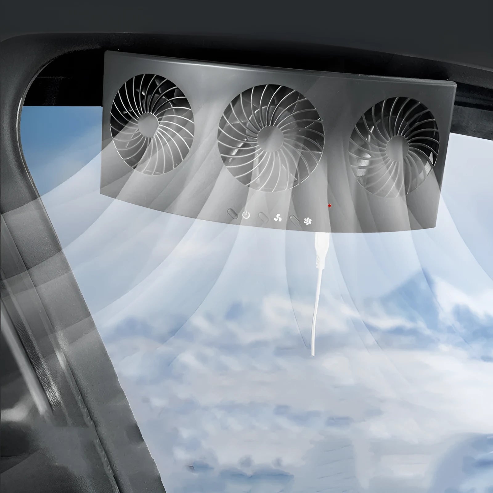 Black and white USB car ventilation fan with 1.5m cable for vehicle odour reduction