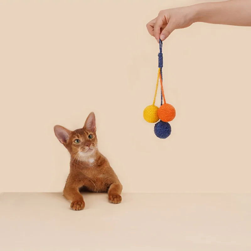 Blue and green cat toy set with a teaser stick and a catnip ball on a white background.