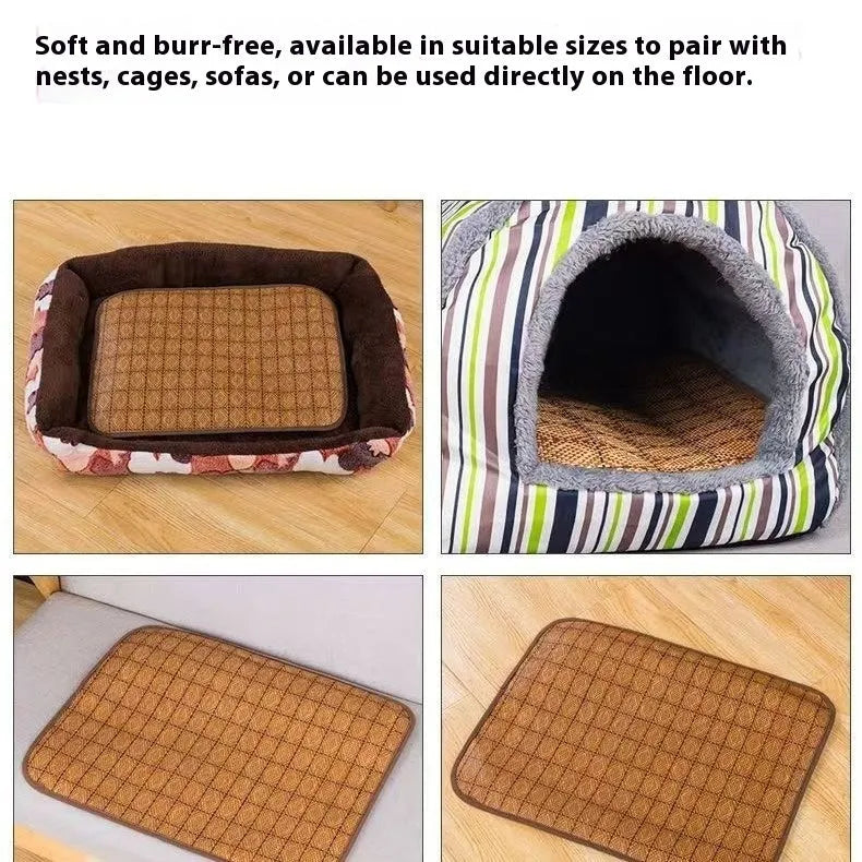 Brown woven rattan fibre dog cooling mat for summer, shown in a large size.