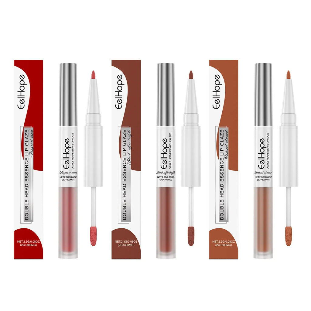 Double-headed lip makeup pen with lip liner pencil on one end and liquid lip lacquer pen on the other.