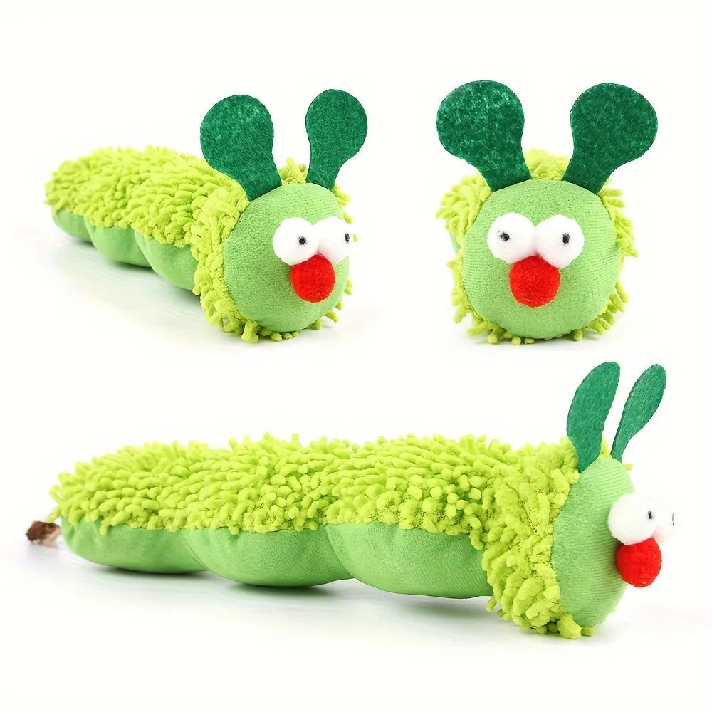 Green interactive plush cat toy pillow with rechargeable electronic mechanism, shown next to scale indicating 24 cm length.