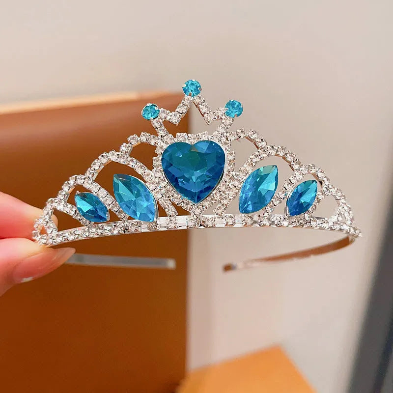 Children's electroplated alloy crown headband headdress in pink, light blue, and light purple crystal colours.