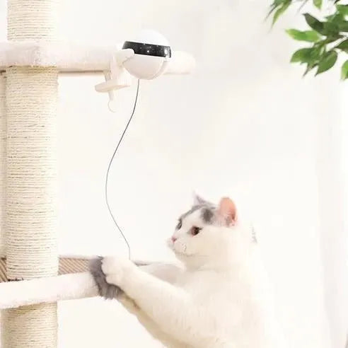 Electric funny cat toy with white ABS body, 7cm diameter ball, and real fur ball and rope accessories