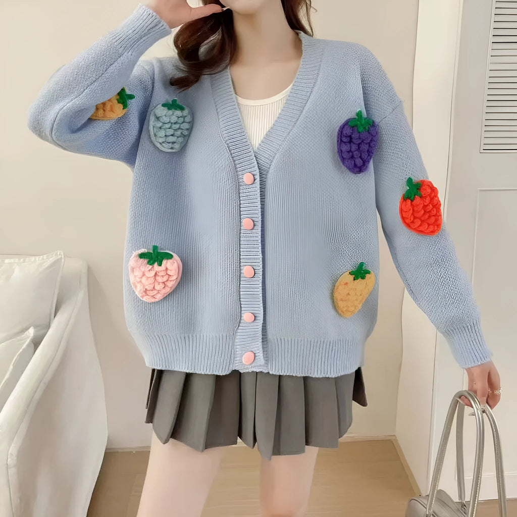 Handmade embroidery thick knit cardigan in light blue with loose fit and long sleeves