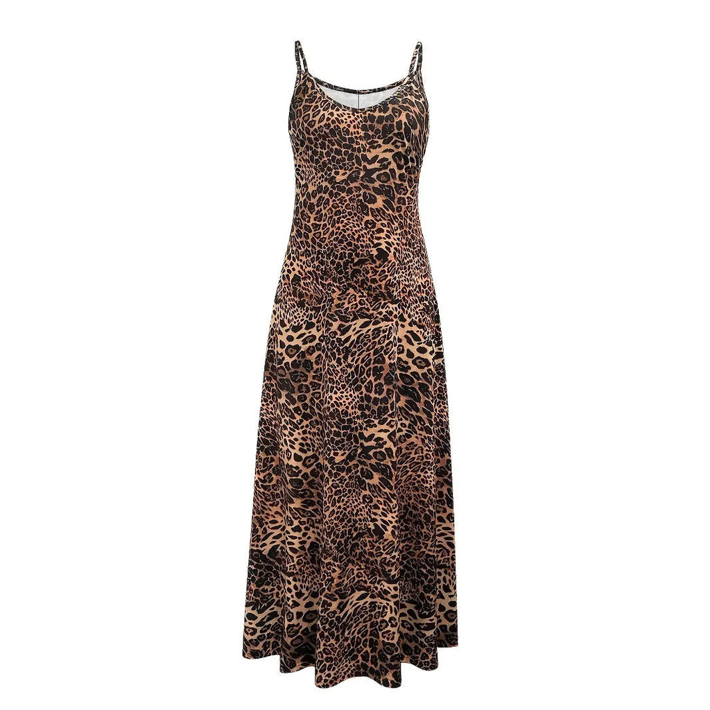 Women's dark brown leopard print dress with sleeveless round neck and long hip skirt
