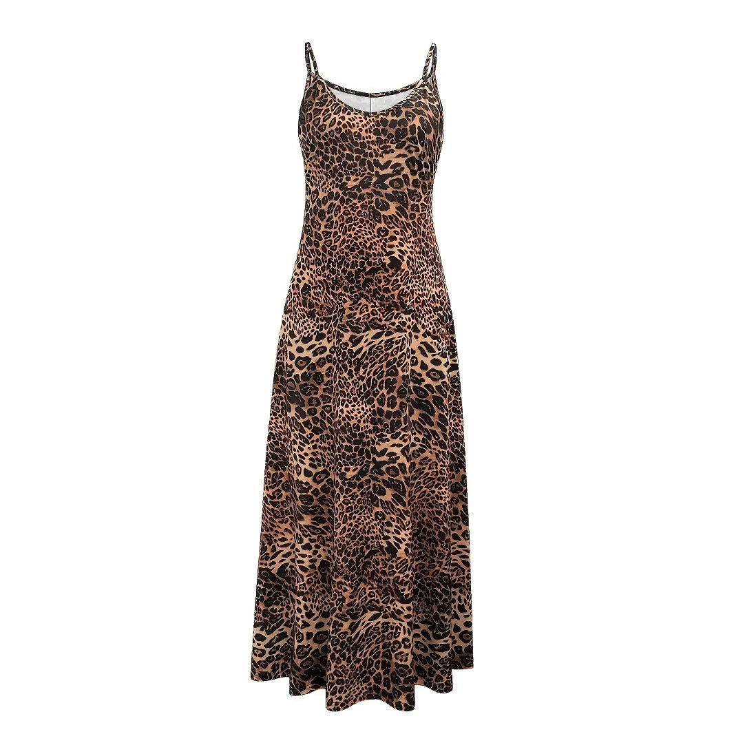 Women's dark brown leopard print dress with sleeveless round neck and long hip skirt