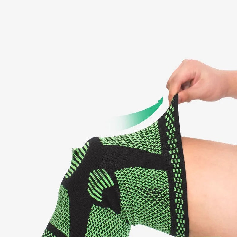 Sports fitness knee pads with silicone spring design in blue, green, orange, and white colour options