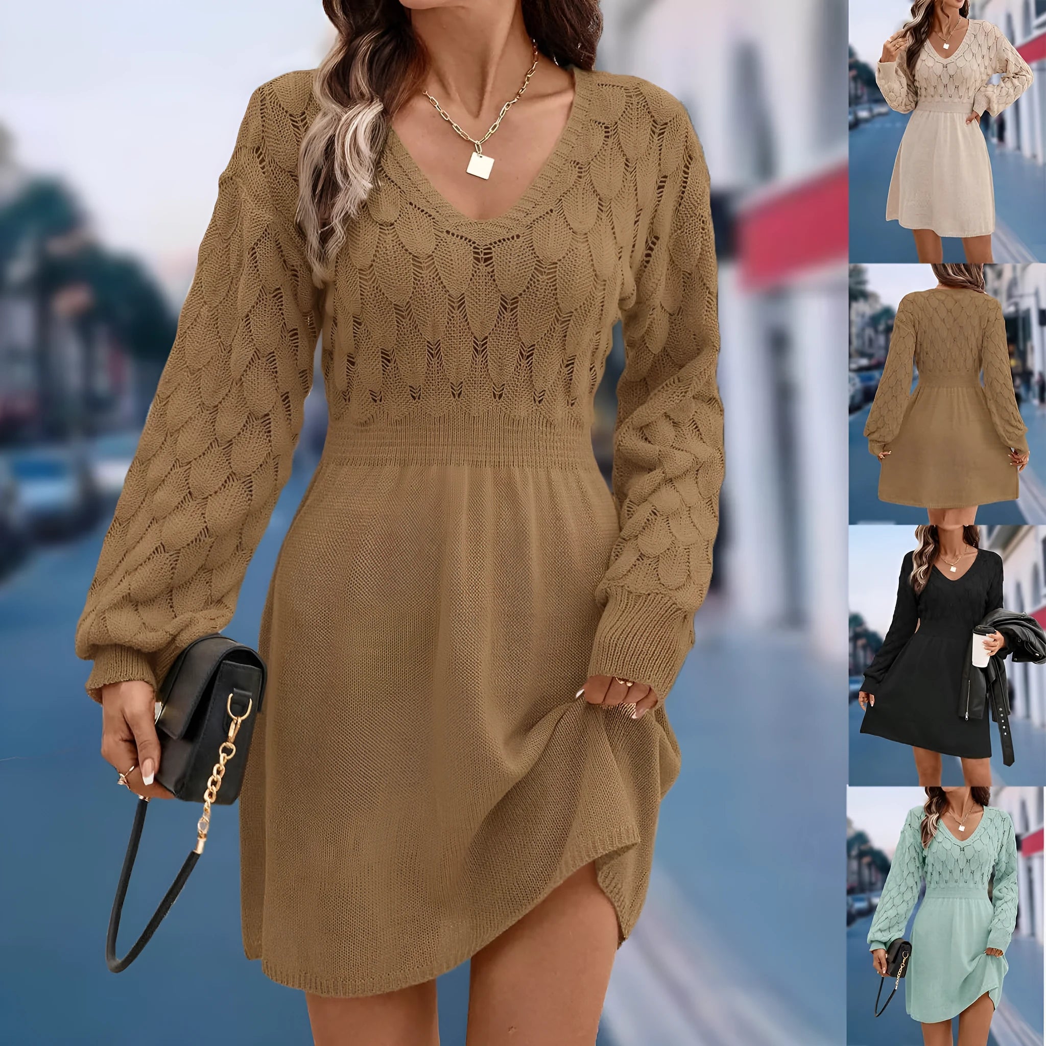 V-neck artistic beach dress with long sleeves and 3D pattern detail in acrylic fabric