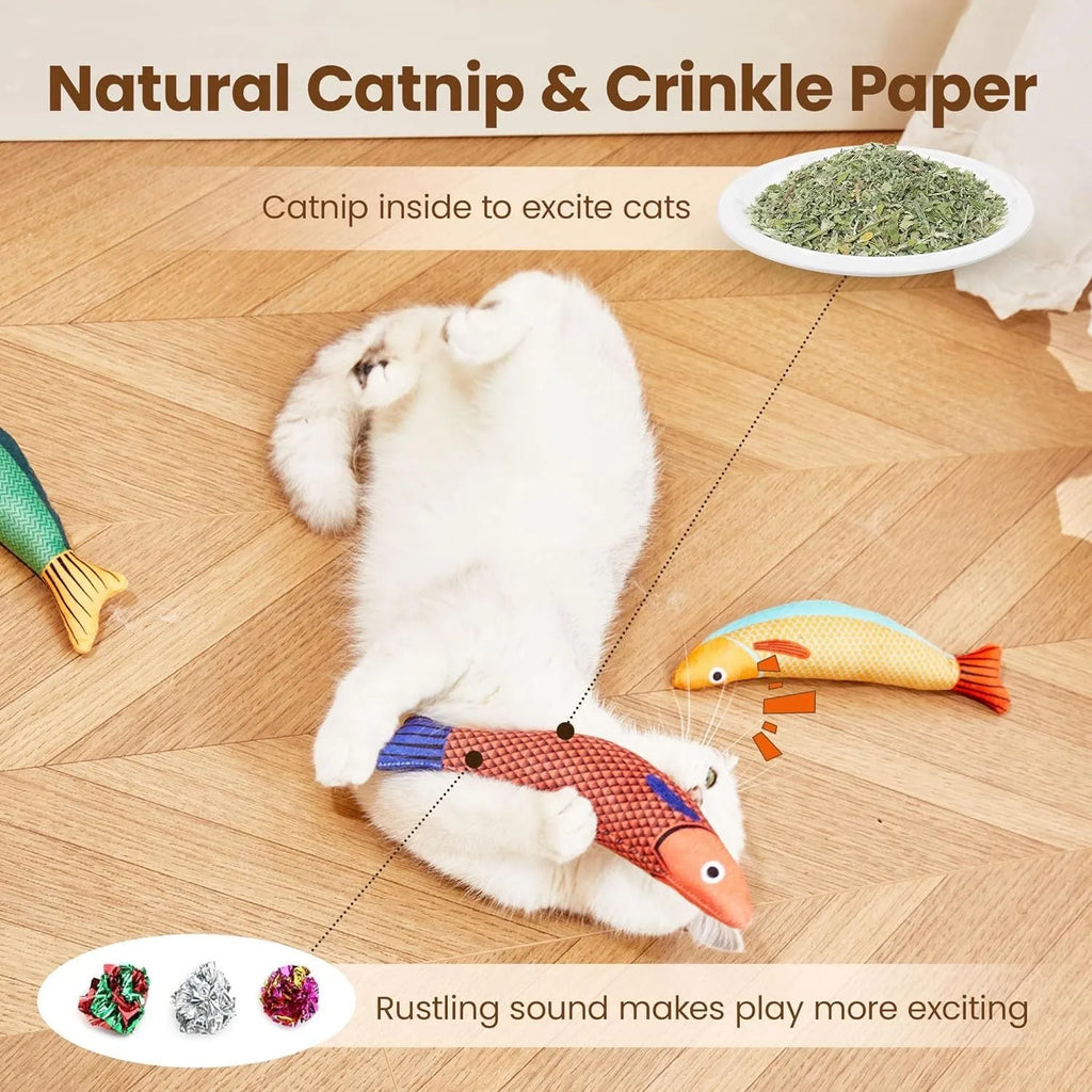 Saury fish-shaped cat kicker toy in bright colours with soft plush exterior