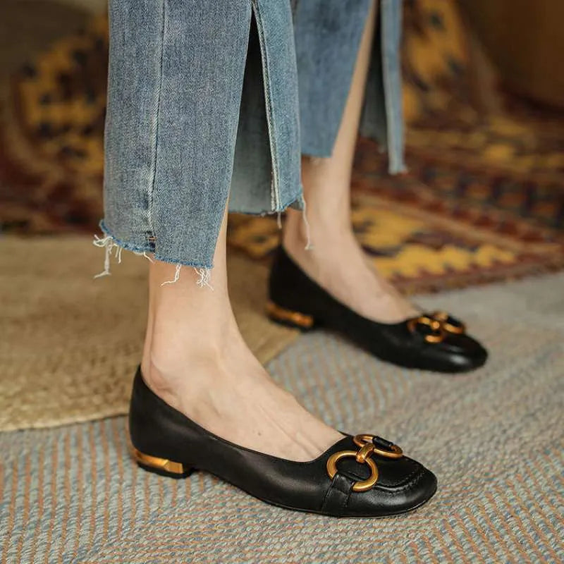 Women's Mary Jane pumps with decorative metal strap, square toe, and shallow mouth design in multiple colour options