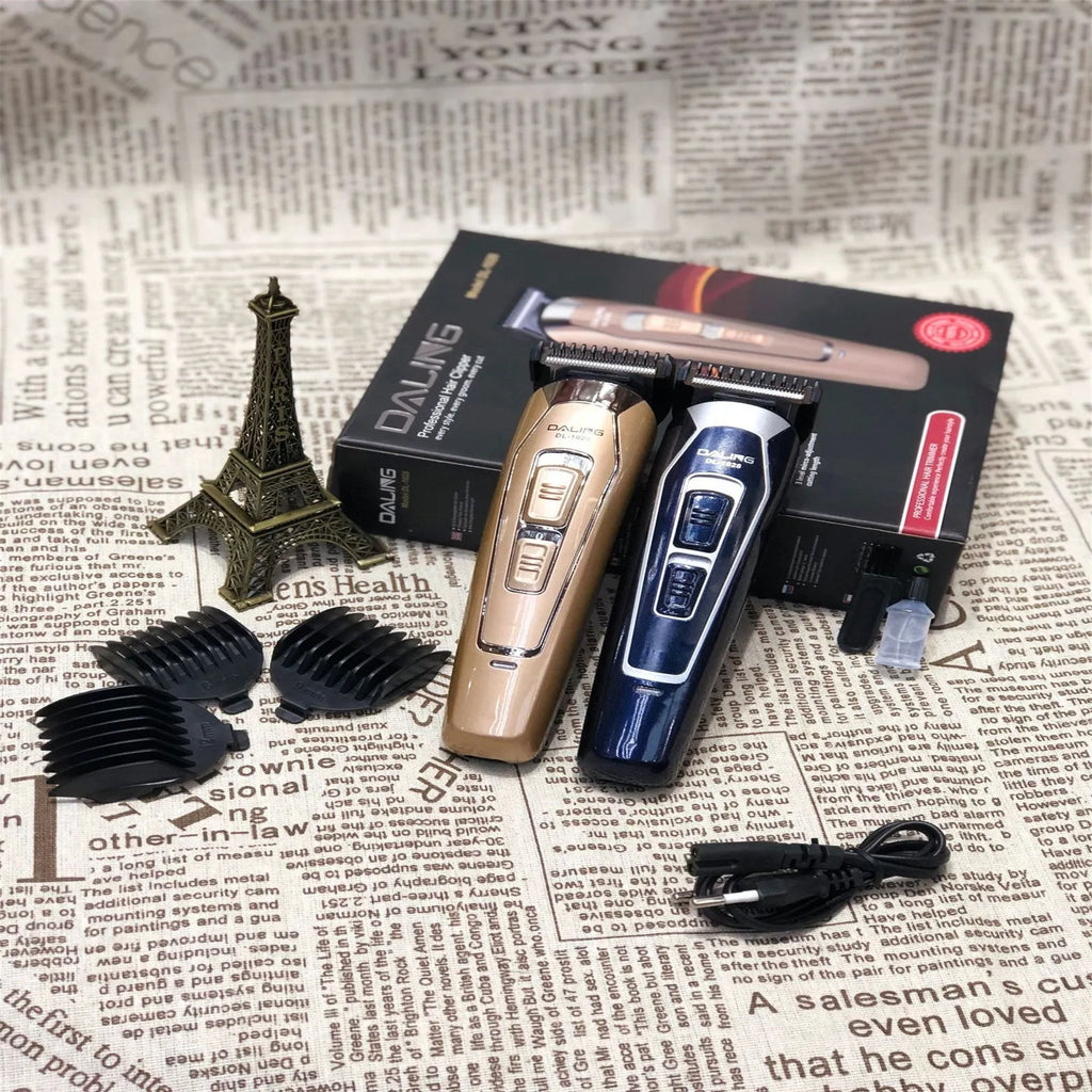 Dark blue and coffee coloured rechargeable cordless electric hair clipper with stainless steel blades