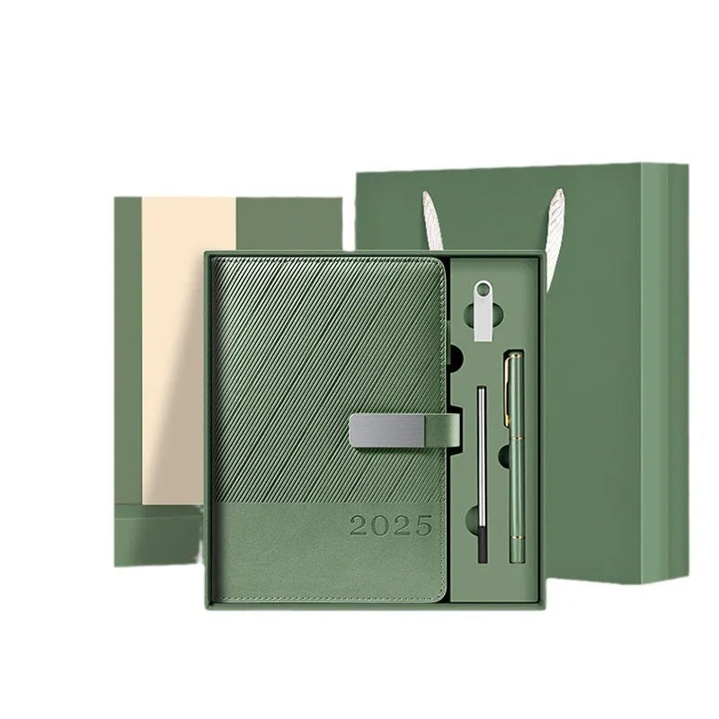 Business notepad with striped PU leather cover showing 408 pages of thickened wood-free paper
