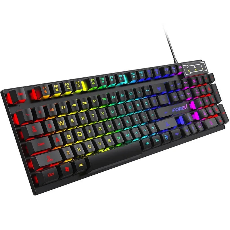 Black portable 104-key backlit gaming keyboard and mouse set on a desk.
