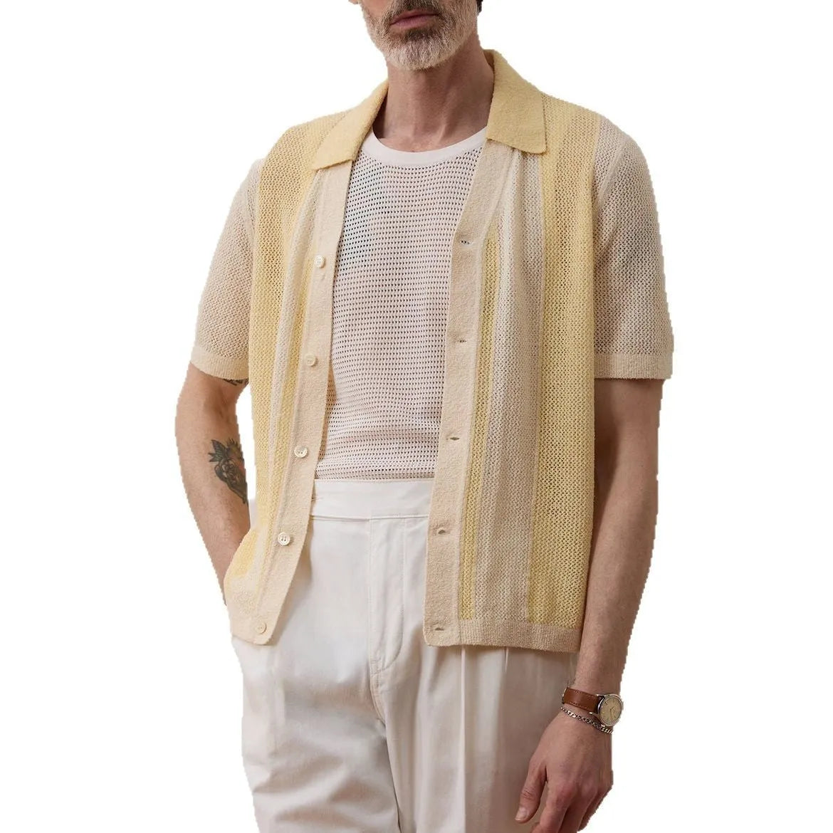 Yellow tencel polo shirt with asymmetric hollow-out design and short sleeves for summer casual wear