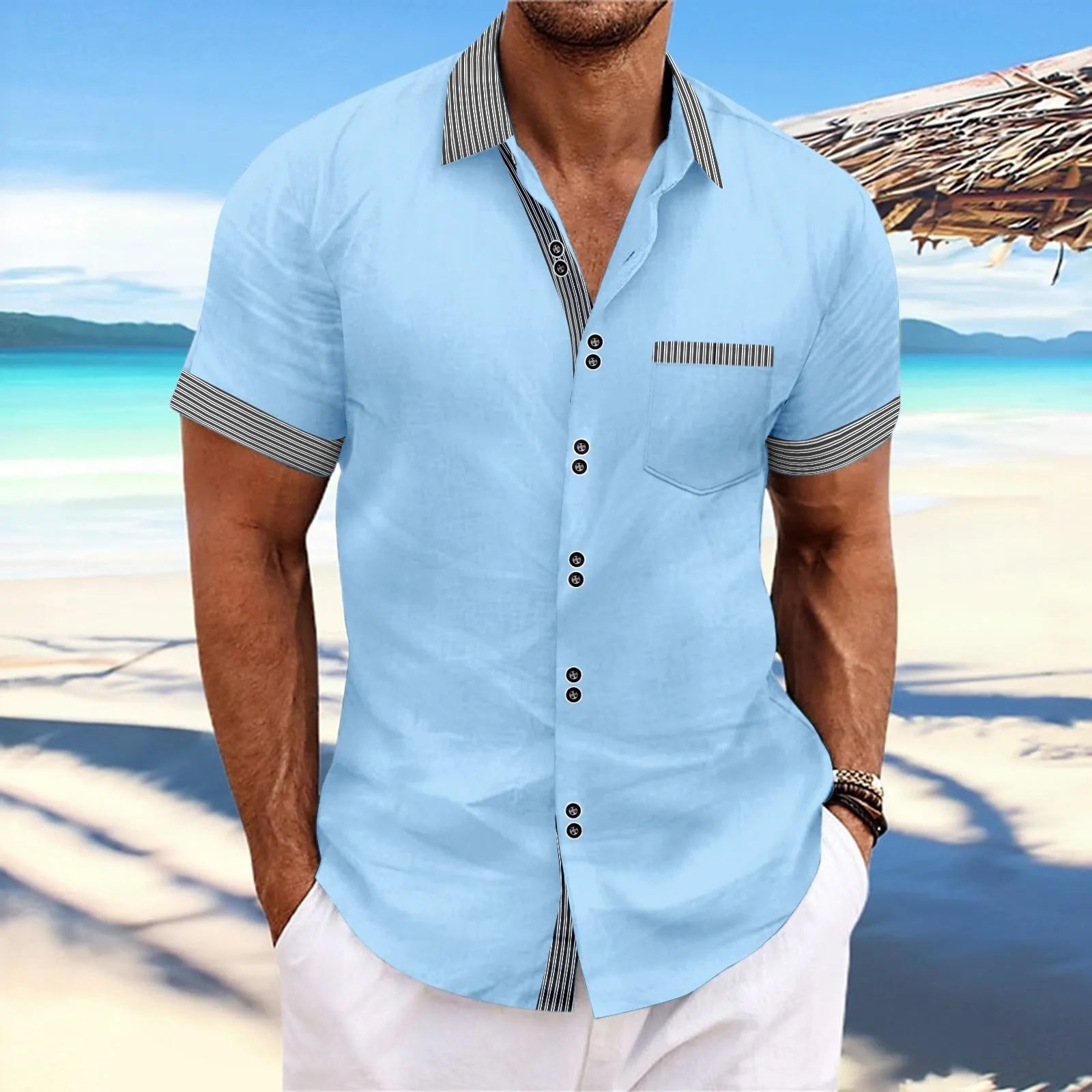 Man wearing a striped, slim fit, pure cotton short sleeve shirt with a double button front in a light blue colour.