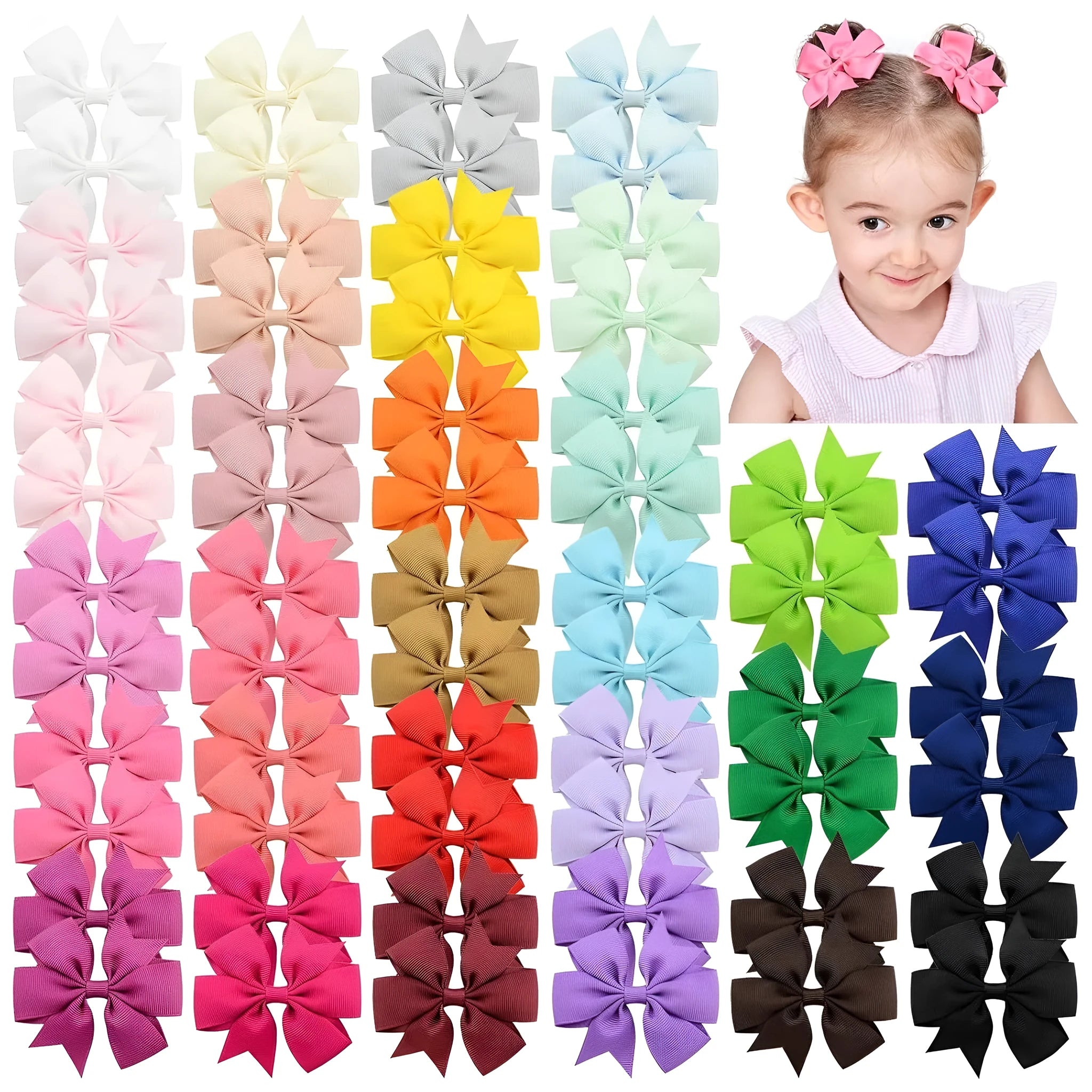 20 colourful grosgrain ribbon hair bows with alligator clips for baby girls and toddlers