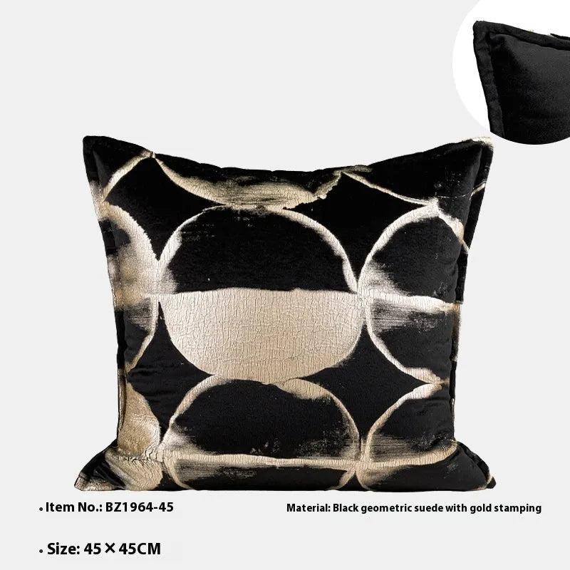 Abstract pattern black and gold flannel decorative cushion with removable cover.