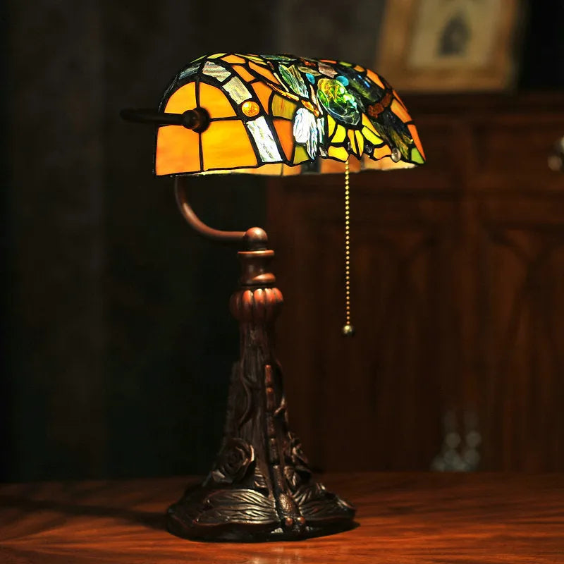 10-inch Tiffany stained glass table lamp with coloured shade on resin base for desk lighting