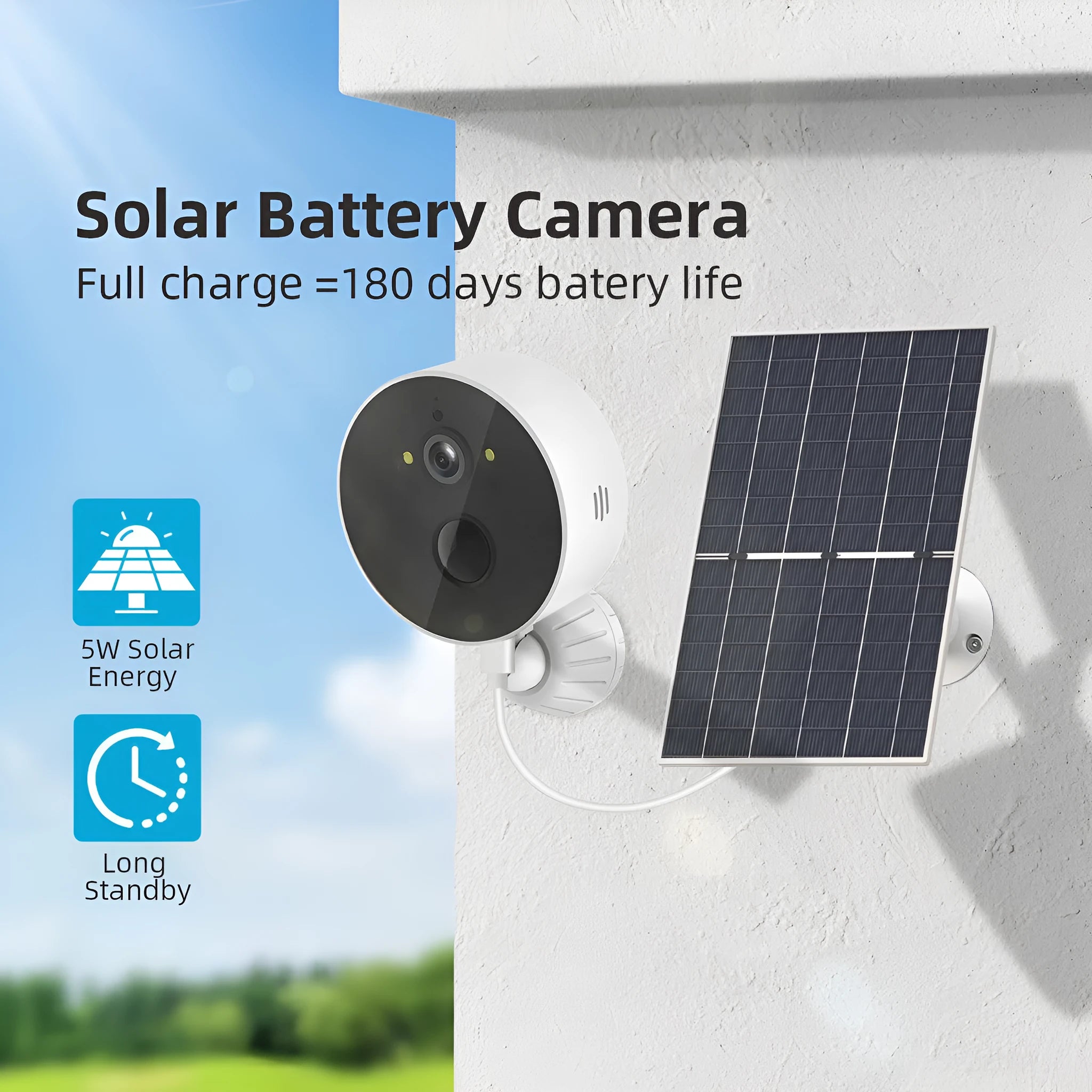 Outdoor security camera with attached solar panel for wireless property monitoring