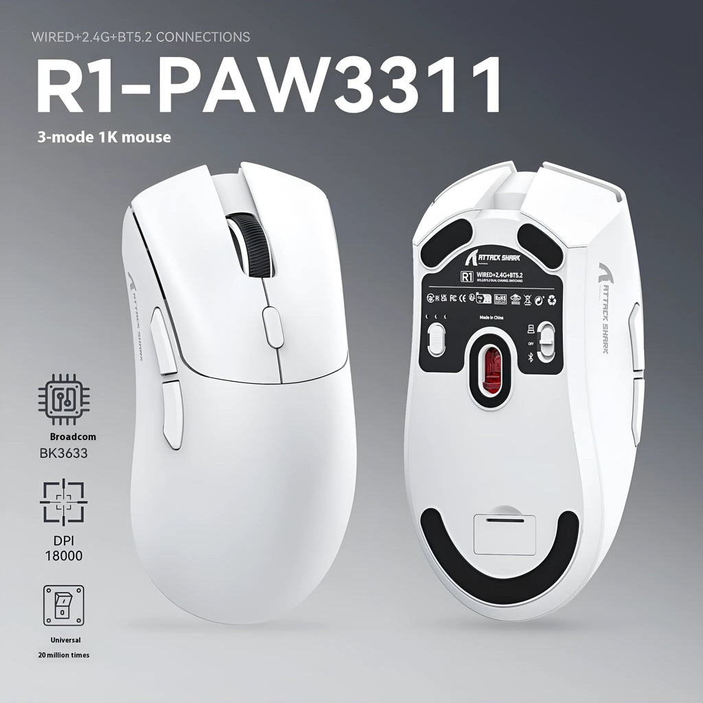 Attack Shark wireless Bluetooth mouse in black, white or red colours showing triple-mode connectivity for laptops