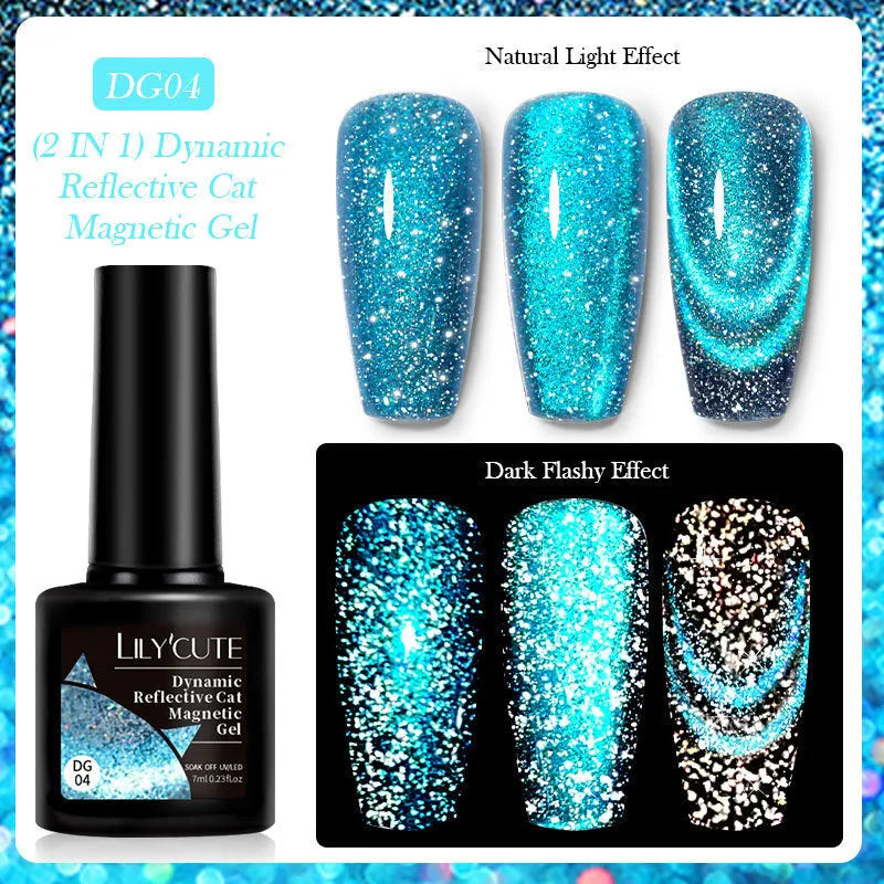 Cat eye nail polish gel bottles in six colours with diamond glitter fragments showing flickering finish