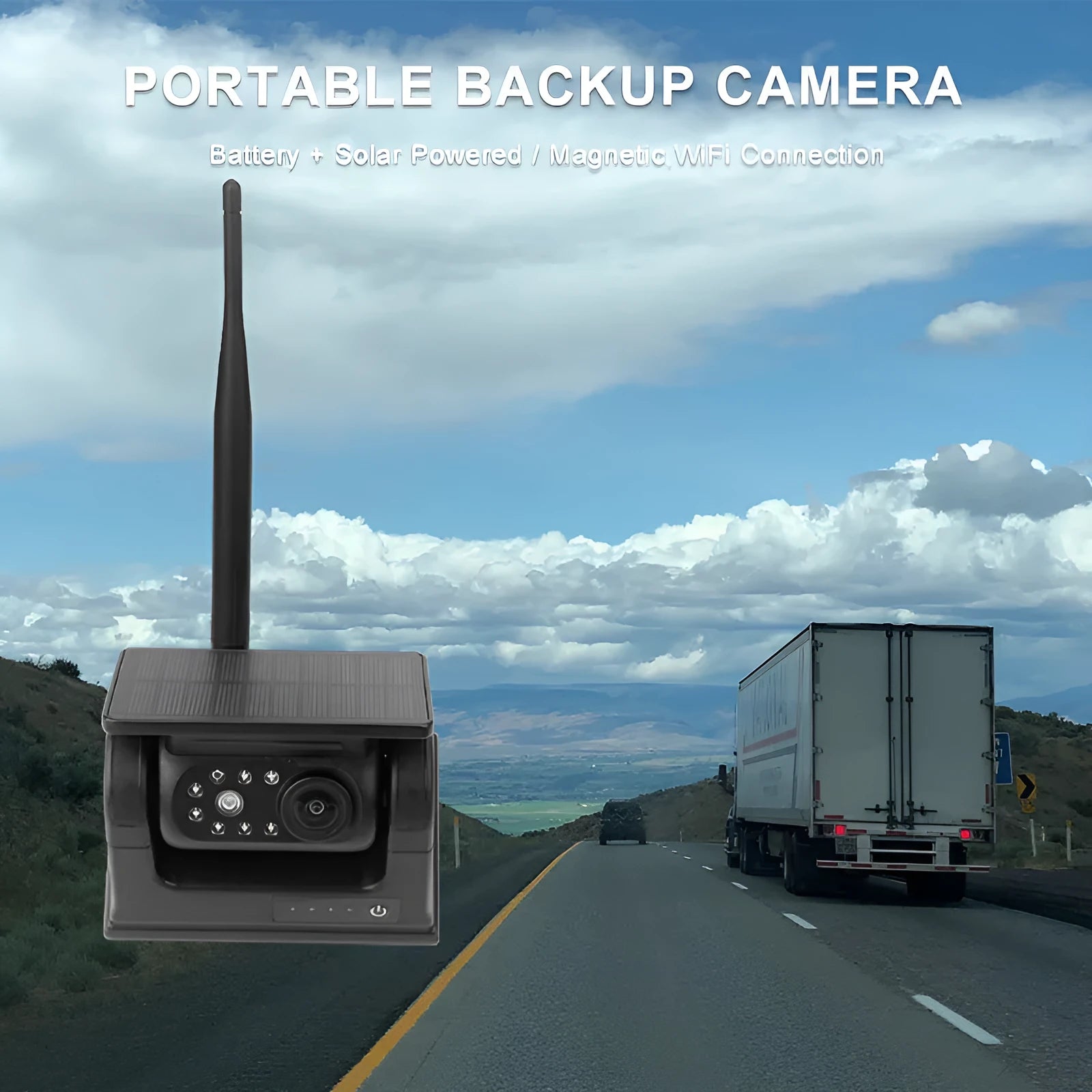 YL-Solar WF908 solar-powered wireless reversing camera with magnet mount on black aluminium alloy shell.