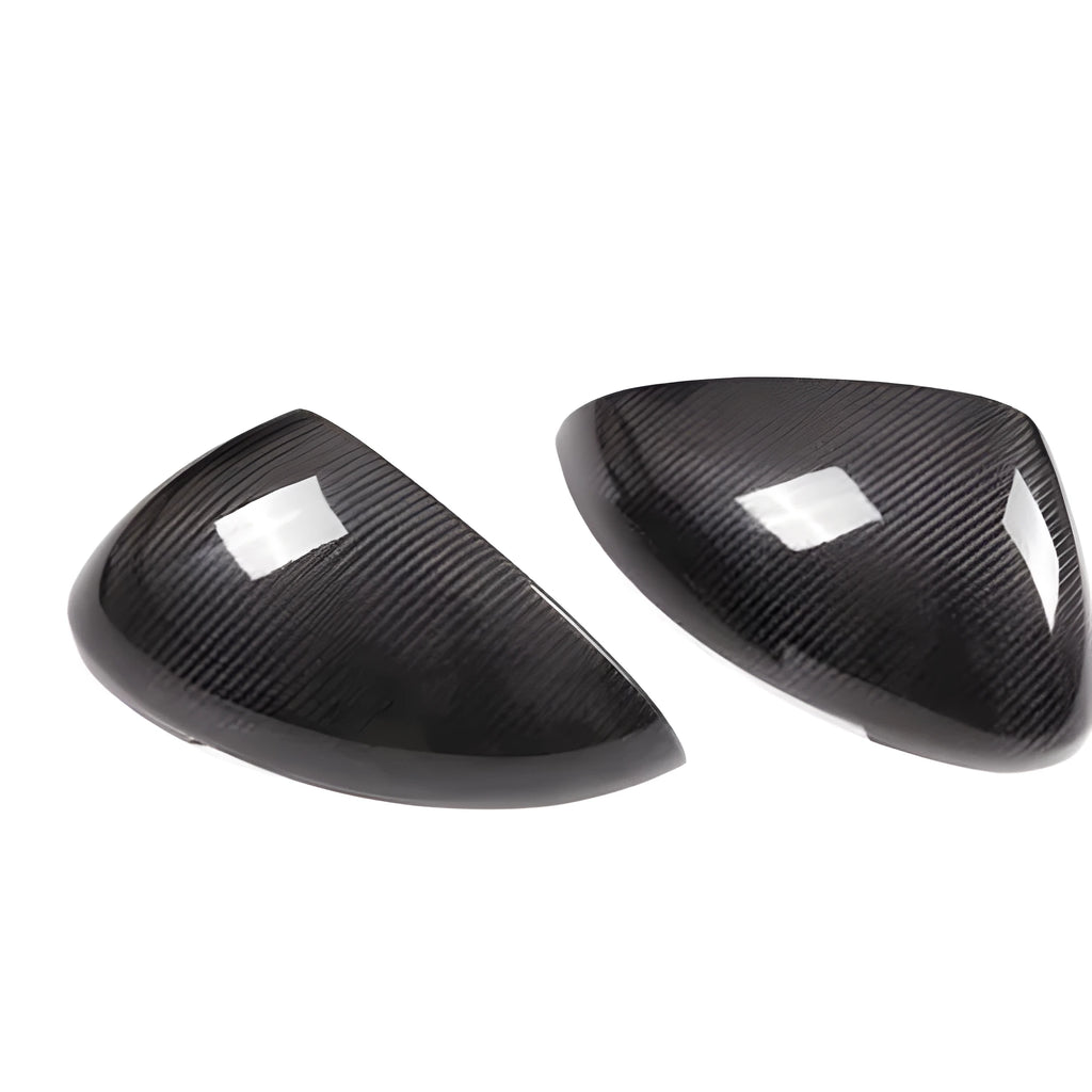 Black true carbon fibre rearview mirror covers for 14-22 Porsche Macan with dimensions 27.5x16.3x13.8 cm