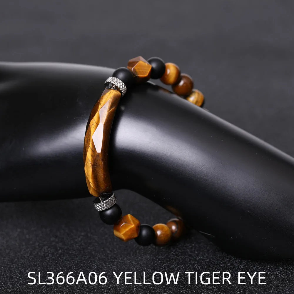 Handmade black agate diamond cut bracelet with geometric fan design on wrist