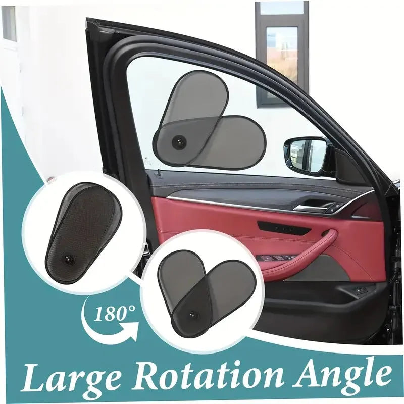 Black stretchy car side window sun shade attached with suction cups, showing adjustable coverage.